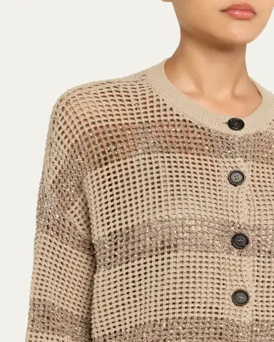 Brunello Cucinelli Paillette Striped Open-Knit Short-Sleeve Cardigan | Thumbnail 5 Brunello Cucinelli Paillette Striped Open-Knit Short-Sleeve Cardigan | Thumbnail 5