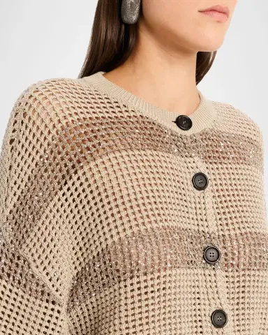 Brunello Cucinelli Paillette Striped Open-Knit Short-Sleeve Cardigan | Thumbnail 6 Brunello Cucinelli Paillette Striped Open-Knit Short-Sleeve Cardigan | Thumbnail 6