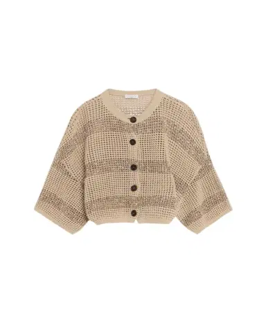Brunello Cucinelli Paillette Striped Open-Knit Short-Sleeve Cardigan | Thumbnail 1 Brunello Cucinelli Paillette Striped Open-Knit Short-Sleeve Cardigan | Thumbnail 1