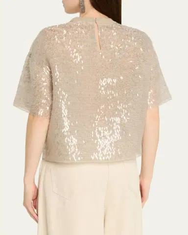 Brunello Cucinelli Paillette Fringe Crispy Silk Chiffon T-Shirt | Thumbnail 3 Brunello Cucinelli Paillette Fringe Crispy Silk Chiffon T-Shirt | Thumbnail 3