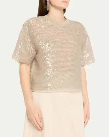 Brunello Cucinelli Paillette Fringe Crispy Silk Chiffon T-Shirt | Thumbnail 4 Brunello Cucinelli Paillette Fringe Crispy Silk Chiffon T-Shirt | Thumbnail 4
