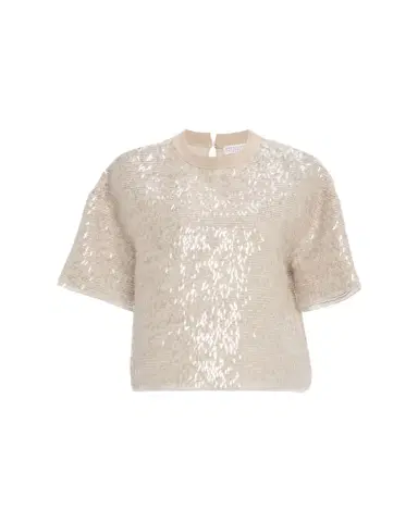 Brunello Cucinelli Paillette Fringe Crispy Silk Chiffon T-Shirt | Thumbnail 1 Brunello Cucinelli Paillette Fringe Crispy Silk Chiffon T-Shirt | Thumbnail 1