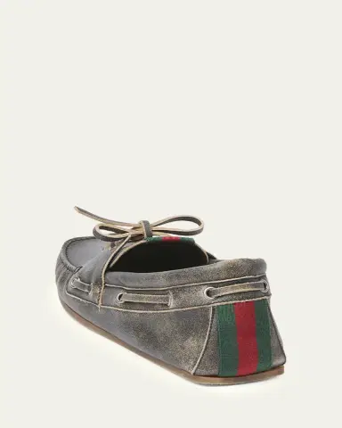 Gucci Men's Web Washed-Effect Leather Boat Shoes | Thumbnail 2 Gucci Men's Web Washed-Effect Leather Boat Shoes | Thumbnail 2