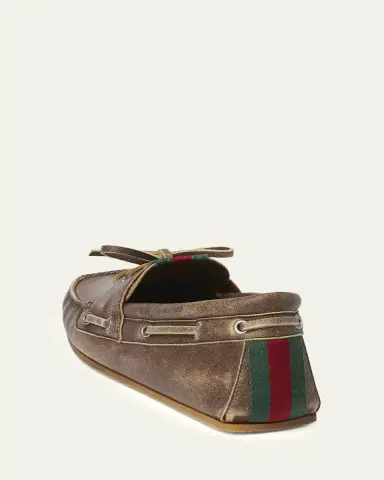 Gucci Men's Web Washed-Effect Leather Boat Shoes | Thumbnail 5 Gucci Men's Web Washed-Effect Leather Boat Shoes | Thumbnail 5