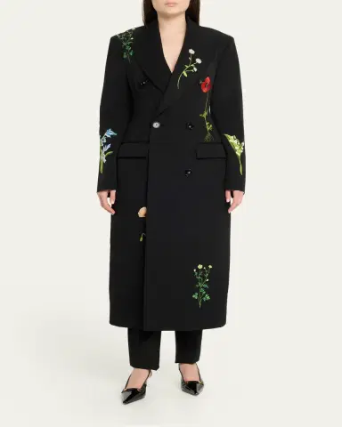 Stella McCartney Flower Embroidered Wool Double-Breasted Long Coat | Thumbnail 2 Stella McCartney Flower Embroidered Wool Double-Breasted Long Coat | Thumbnail 2