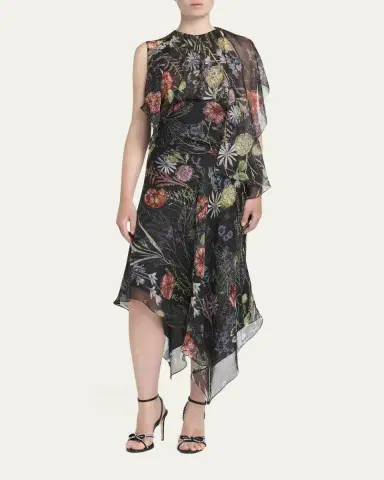 McQueen Floral-Print Asymmetric Ruffle Midi Dress | Thumbnail 2 McQueen Floral-Print Asymmetric Ruffle Midi Dress | Thumbnail 2