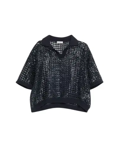 Brunello Cucinelli Vienna Paillette Net Polo Sweater | Thumbnail 1 Brunello Cucinelli Vienna Paillette Net Polo Sweater | Thumbnail 1