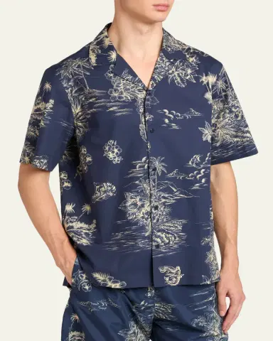 Moncler Men's Island-Print Cotton Short-Sleeve Shirt | Thumbnail 4 Moncler Men's Island-Print Cotton Short-Sleeve Shirt | Thumbnail 4