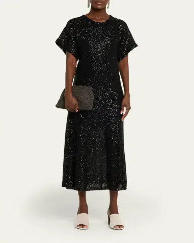 Brunello Cucinelli Sequin Linen-Cashmere Midi Dress | Thumbnail 2 Brunello Cucinelli Sequin Linen-Cashmere Midi Dress | Thumbnail 2
