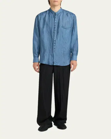 Giorgio Armani Men's Linen and Nylon Band Collar Button-Down Shirt | Thumbnail 2 Giorgio Armani Men's Linen and Nylon Band Collar Button-Down Shirt | Thumbnail 2