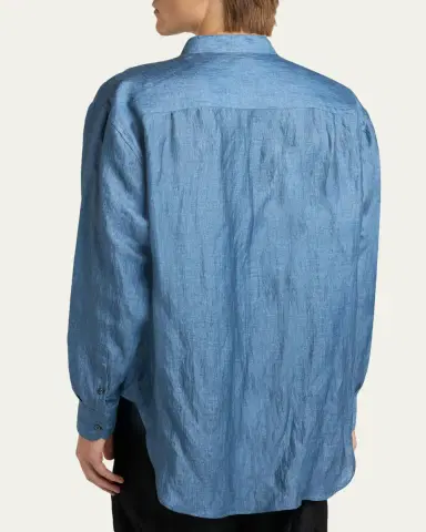 Giorgio Armani Men's Linen and Nylon Band Collar Button-Down Shirt | Thumbnail 3 Giorgio Armani Men's Linen and Nylon Band Collar Button-Down Shirt | Thumbnail 3