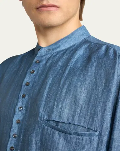 Giorgio Armani Men's Linen and Nylon Band Collar Button-Down Shirt | Thumbnail 5 Giorgio Armani Men's Linen and Nylon Band Collar Button-Down Shirt | Thumbnail 5