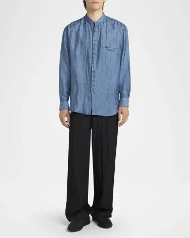 Giorgio Armani Men's Linen and Nylon Band Collar Button-Down Shirt | Thumbnail 6 Giorgio Armani Men's Linen and Nylon Band Collar Button-Down Shirt | Thumbnail 6