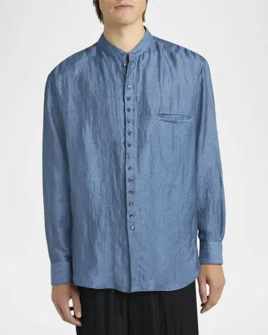Giorgio Armani Men's Linen and Nylon Band Collar Button-Down Shirt | Thumbnail 8 Giorgio Armani Men's Linen and Nylon Band Collar Button-Down Shirt | Thumbnail 8