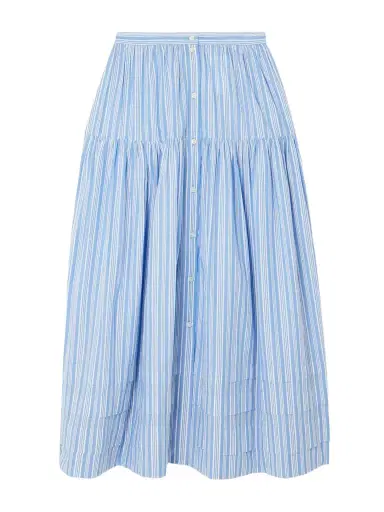 DÔEN Marceline Tiered Striped Organic Cotton Midi Skirt | Thumbnail 1 DÔEN Marceline Tiered Striped Organic Cotton Midi Skirt | Thumbnail 1