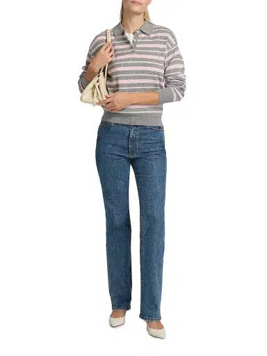 Guest in Residence Women's Collegiate Striped Cashmere Polo Sweater - Heather Grey Combo | Thumbnail 2 Guest in Residence Women's Collegiate Striped Cashmere Polo Sweater - Heather Grey Combo | Thumbnail 2