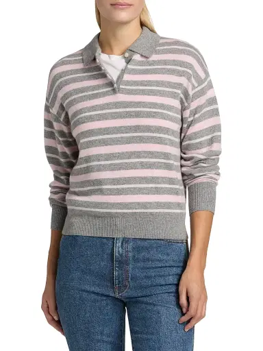 Guest in Residence Women's Collegiate Striped Cashmere Polo Sweater - Heather Grey Combo | Thumbnail 3 Guest in Residence Women's Collegiate Striped Cashmere Polo Sweater - Heather Grey Combo | Thumbnail 3