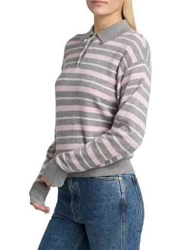 Guest in Residence Women's Collegiate Striped Cashmere Polo Sweater - Heather Grey Combo | Thumbnail 4 Guest in Residence Women's Collegiate Striped Cashmere Polo Sweater - Heather Grey Combo | Thumbnail 4