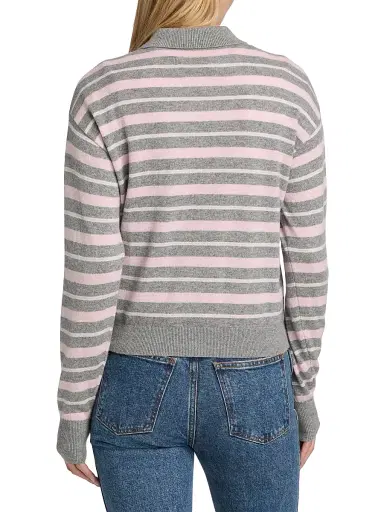 Guest in Residence Women's Collegiate Striped Cashmere Polo Sweater - Heather Grey Combo | Thumbnail 5 Guest in Residence Women's Collegiate Striped Cashmere Polo Sweater - Heather Grey Combo | Thumbnail 5