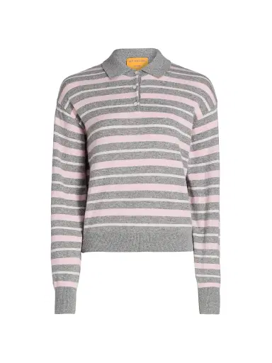 Guest in Residence Women's Collegiate Striped Cashmere Polo Sweater - Heather Grey Combo | Thumbnail 1 Guest in Residence Women's Collegiate Striped Cashmere Polo Sweater - Heather Grey Combo | Thumbnail 1