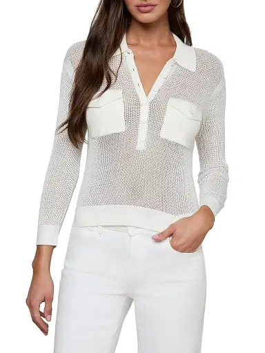 L'Agence Women's Carine Pointelle-Knit Collared Sweater - Ivory - Size XXL | Thumbnail 3 L'Agence Women's Carine Pointelle-Knit Collared Sweater - Ivory - Size XXL | Thumbnail 3