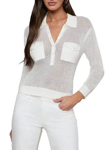 L'Agence Women's Carine Pointelle-Knit Collared Sweater - Ivory - Size XXL | Thumbnail 4 L'Agence Women's Carine Pointelle-Knit Collared Sweater - Ivory - Size XXL | Thumbnail 4