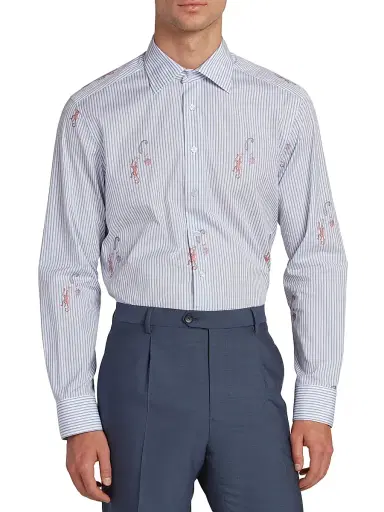 Etro Men's Pinstriped Monkey Jacquard Button-Front Shirt - Multicolor Azure Base | Thumbnail 3 Etro Men's Pinstriped Monkey Jacquard Button-Front Shirt - Multicolor Azure Base | Thumbnail 3