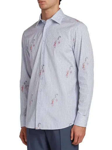 Etro Men's Pinstriped Monkey Jacquard Button-Front Shirt - Multicolor Azure Base | Thumbnail 4 Etro Men's Pinstriped Monkey Jacquard Button-Front Shirt - Multicolor Azure Base | Thumbnail 4