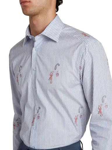 Etro Men's Pinstriped Monkey Jacquard Button-Front Shirt - Multicolor Azure Base | Thumbnail 6 Etro Men's Pinstriped Monkey Jacquard Button-Front Shirt - Multicolor Azure Base | Thumbnail 6