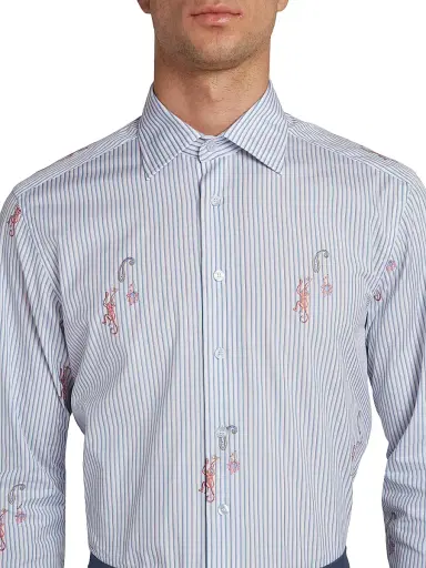 Etro Men's Pinstriped Monkey Jacquard Button-Front Shirt - Multicolor Azure Base | Thumbnail 7 Etro Men's Pinstriped Monkey Jacquard Button-Front Shirt - Multicolor Azure Base | Thumbnail 7