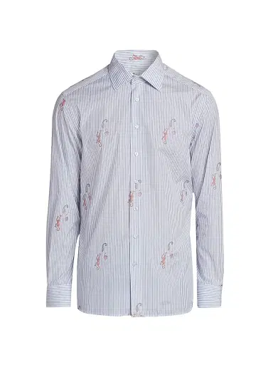 Etro Men's Pinstriped Monkey Jacquard Button-Front Shirt - Multicolor Azure Base | Thumbnail 1 Etro Men's Pinstriped Monkey Jacquard Button-Front Shirt - Multicolor Azure Base | Thumbnail 1