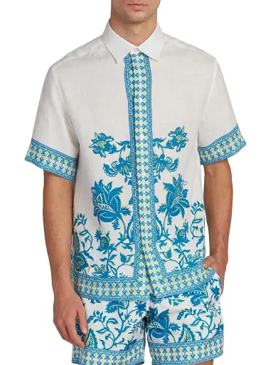 Etro Men's Aqua Print Linen Short-Sleeve Shirt - Stampa Azzurro | Thumbnail 3 Etro Men's Aqua Print Linen Short-Sleeve Shirt - Stampa Azzurro | Thumbnail 3