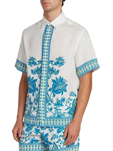 Etro Men's Aqua Print Linen Short-Sleeve Shirt - Stampa Azzurro | Thumbnail 4 Etro Men's Aqua Print Linen Short-Sleeve Shirt - Stampa Azzurro | Thumbnail 4