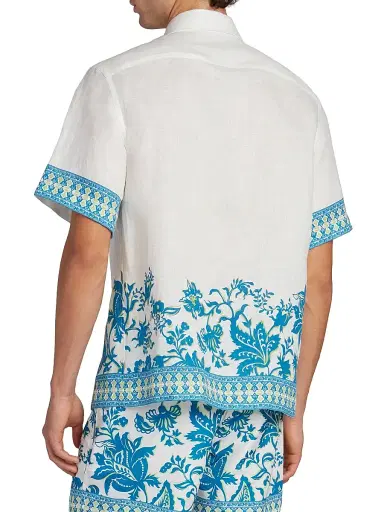 Etro Men's Aqua Print Linen Short-Sleeve Shirt - Stampa Azzurro | Thumbnail 5 Etro Men's Aqua Print Linen Short-Sleeve Shirt - Stampa Azzurro | Thumbnail 5