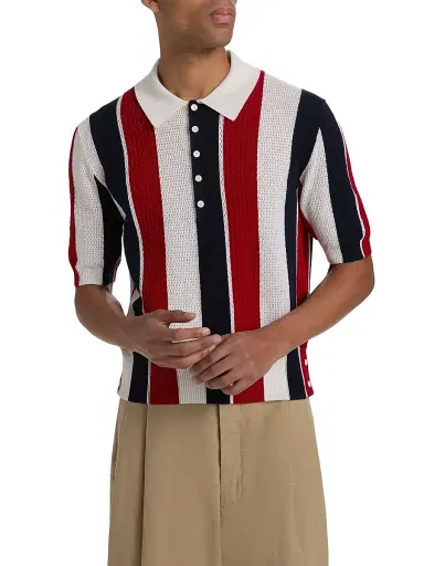 Thom Browne Men's Shadow Striped Cashmere Polo Sweater - Red Blue White | Thumbnail 3 Thom Browne Men's Shadow Striped Cashmere Polo Sweater - Red Blue White | Thumbnail 3