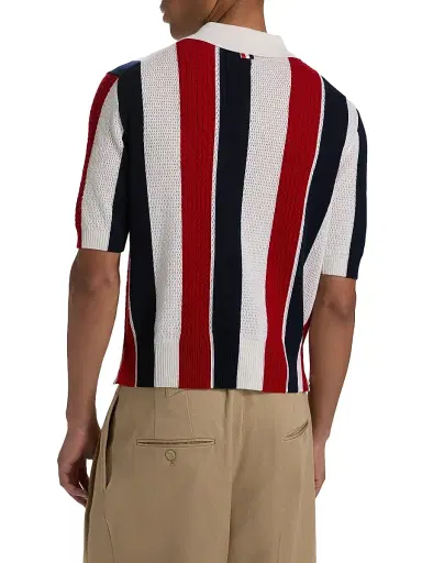 Thom Browne Men's Shadow Striped Cashmere Polo Sweater - Red Blue White | Thumbnail 5 Thom Browne Men's Shadow Striped Cashmere Polo Sweater - Red Blue White | Thumbnail 5