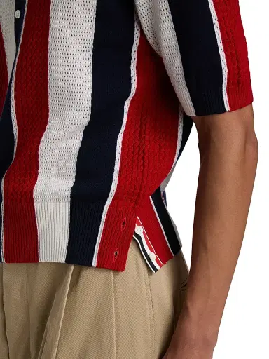 Thom Browne Men's Shadow Striped Cashmere Polo Sweater - Red Blue White | Thumbnail 6 Thom Browne Men's Shadow Striped Cashmere Polo Sweater - Red Blue White | Thumbnail 6