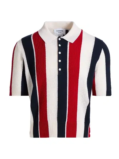 Thom Browne Men's Shadow Striped Cashmere Polo Sweater - Red Blue White | Thumbnail 1 Thom Browne Men's Shadow Striped Cashmere Polo Sweater - Red Blue White | Thumbnail 1