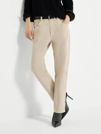 Brunello Cucinelli Women's Dyed Denim Five Pocket Straight Jeans with Shiny Bartack - Sand - Size 16 | Thumbnail 5 Brunello Cucinelli Women's Dyed Denim Five Pocket Straight Jeans with Shiny Bartack - Sand - Size 16 | Thumbnail 5