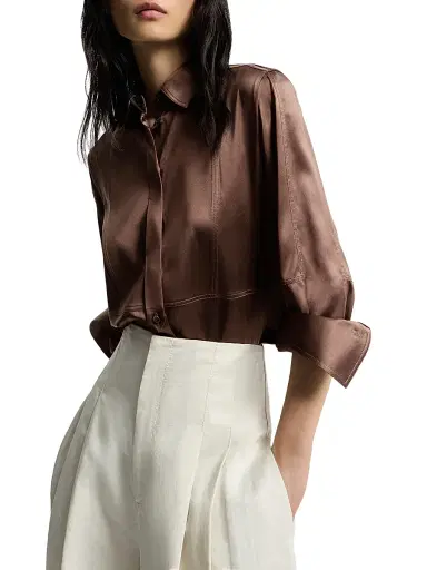 Brunello Cucinelli Women's Stretch Silk Satin Shirt with Monili - Cocoa | Thumbnail 4 Brunello Cucinelli Women's Stretch Silk Satin Shirt with Monili - Cocoa | Thumbnail 4