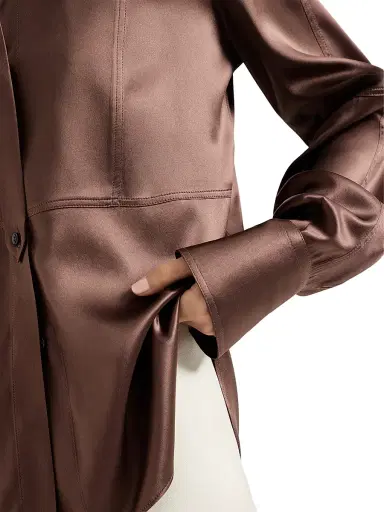 Brunello Cucinelli Women's Stretch Silk Satin Shirt with Monili - Cocoa | Thumbnail 5 Brunello Cucinelli Women's Stretch Silk Satin Shirt with Monili - Cocoa | Thumbnail 5