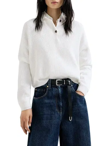 Brunello Cucinelli Women's Cotton English Rib Knit Polo Shirt with Monili - Panama | Thumbnail 2 Brunello Cucinelli Women's Cotton English Rib Knit Polo Shirt with Monili - Panama | Thumbnail 2