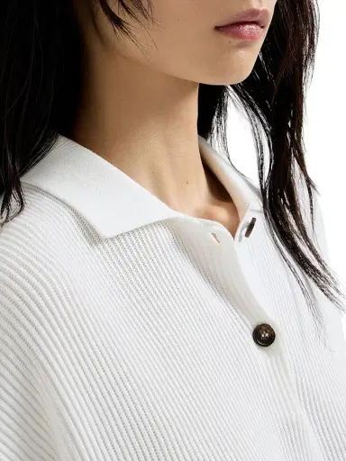 Brunello Cucinelli Women's Cotton English Rib Knit Polo Shirt with Monili - Panama | Thumbnail 4 Brunello Cucinelli Women's Cotton English Rib Knit Polo Shirt with Monili - Panama | Thumbnail 4