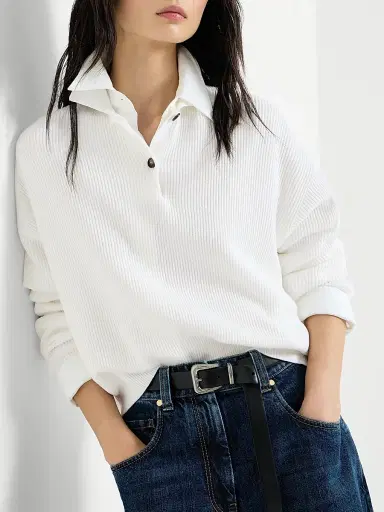 Brunello Cucinelli Women's Cotton English Rib Knit Polo Shirt with Monili - Panama | Thumbnail 5 Brunello Cucinelli Women's Cotton English Rib Knit Polo Shirt with Monili - Panama | Thumbnail 5