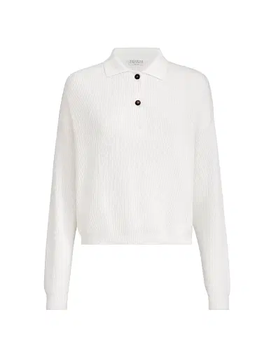 Brunello Cucinelli Women's Cotton English Rib Knit Polo Shirt with Monili - Panama | Thumbnail 1 Brunello Cucinelli Women's Cotton English Rib Knit Polo Shirt with Monili - Panama | Thumbnail 1
