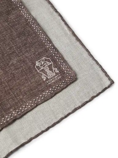 Brunello Cucinelli Men's Silk Pocket Square with Printed Logo - Brown | Thumbnail 3 Brunello Cucinelli Men's Silk Pocket Square with Printed Logo - Brown | Thumbnail 3