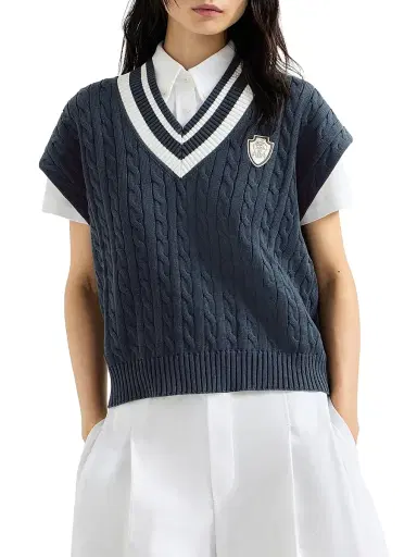 Brunello Cucinelli Women's Cotton Cable Knit Sweater with Logo - Blue | Thumbnail 2 Brunello Cucinelli Women's Cotton Cable Knit Sweater with Logo - Blue | Thumbnail 2