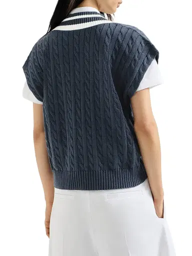 Brunello Cucinelli Women's Cotton Cable Knit Sweater with Logo - Blue | Thumbnail 3 Brunello Cucinelli Women's Cotton Cable Knit Sweater with Logo - Blue | Thumbnail 3