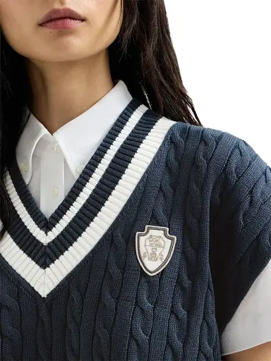 Brunello Cucinelli Women's Cotton Cable Knit Sweater with Logo - Blue | Thumbnail 4 Brunello Cucinelli Women's Cotton Cable Knit Sweater with Logo - Blue | Thumbnail 4