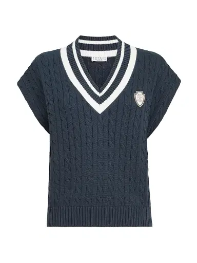 Brunello Cucinelli Women's Cotton Cable Knit Sweater with Logo - Blue | Thumbnail 1 Brunello Cucinelli Women's Cotton Cable Knit Sweater with Logo - Blue | Thumbnail 1
